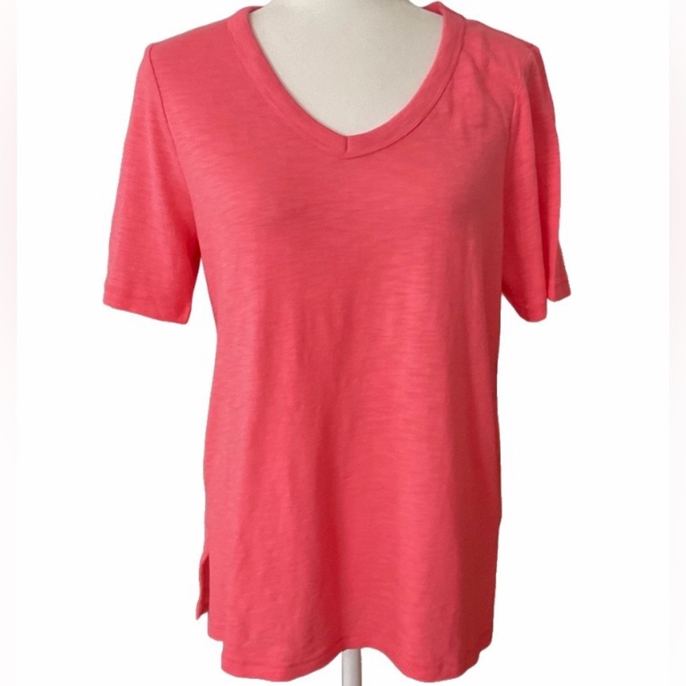 NWT Chico’s Cotton Blend Slub Elbow Sleeve V Neck Tee Calypso Coral Size M